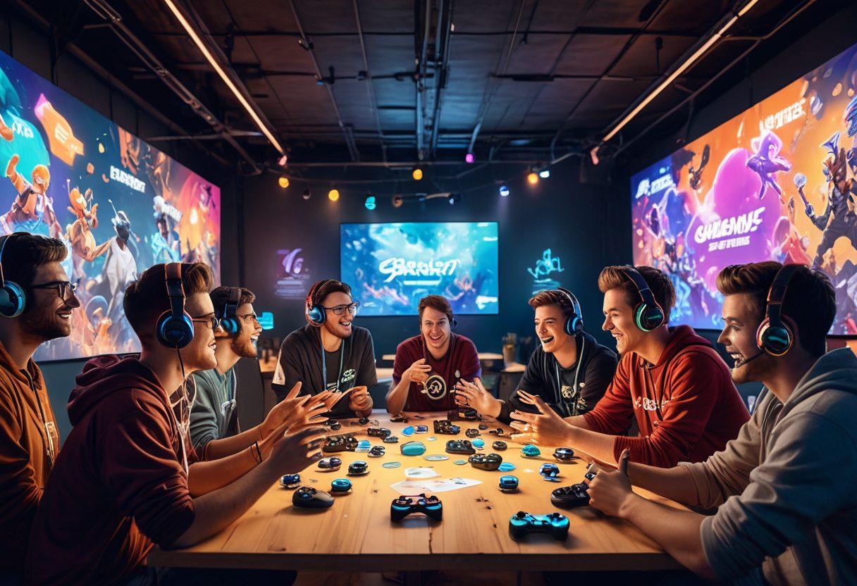 A dynamic scene depicting a diverse group of gamers engaged in lively discussion around a digital forum, with colorful game posters in the background. Show competitive eSports action with a large trophy on a pedestal, and gamers celebrating in the foreground. Include elements like gaming controllers, headsets, and vibrant chat bubbles to highlight community interaction. super-realistic. vibrant colors. 3D.