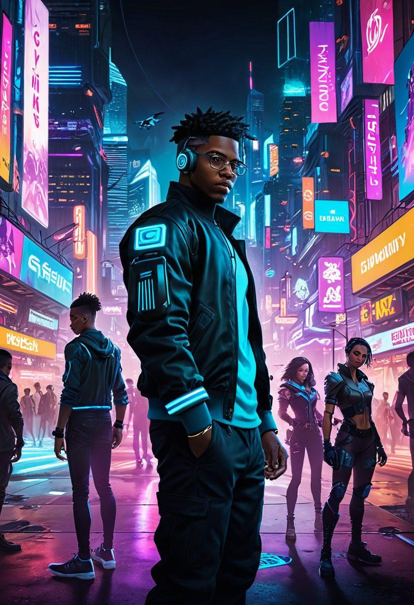 A vibrant digital collage showcasing various online games with colorful character designs and interactive elements. Include groups of diverse gamers engaging in discussions, with a backdrop of a futuristic city illuminated by neon lights. Incorporate elements of critiques and news headlines floating in the scene. The image should evoke a sense of community and excitement for gamers of all ages. super-realistic. vibrant colors. cyberpunk.