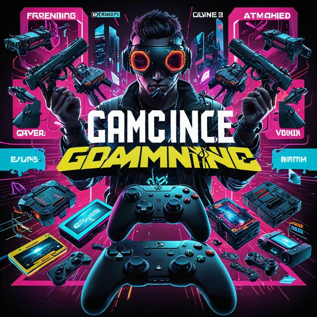 A dynamic collage showcasing the latest in video game news and trends. Include iconic gaming controllers, vibrant screenshots from popular games, and headlines in modern typography. The background should be filled with digital elements like pixelated graphics and neon colors, symbolizing the fast-paced gaming industry. Add visual cues like game characters leaping into action and virtual reality headsets. cyberpunk. vibrant colors. 3D.